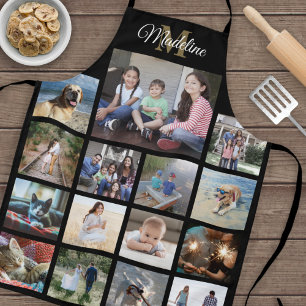 Tablier Monogramme Photo Collage Grille Motif Black Gold