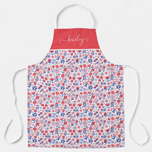Tablier Monogramme| Plan floral bleu et corail (Recto)