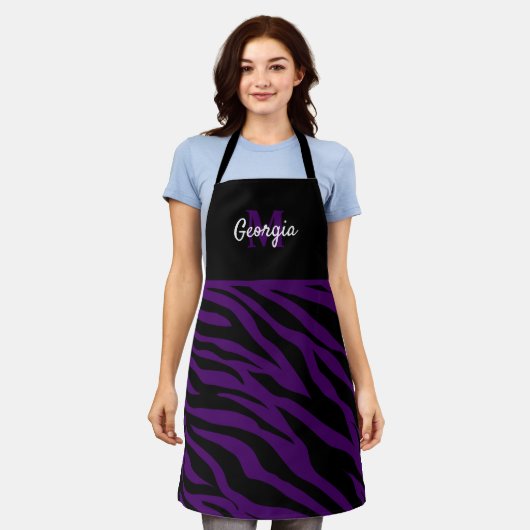 Tablier Monogramme rayures de zèbre noires et violettes (Porté)