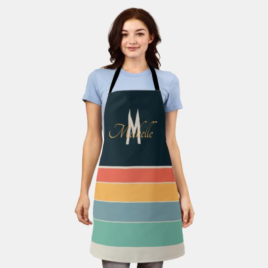 Tablier Monogramme Rétro 70 Navy Blue Moutarde Rayé Nom (Porté)