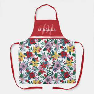 Tablier Monogramme rétro rouge jaune rose floral