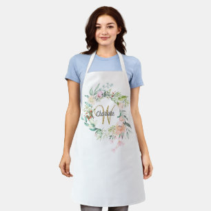 Tablier Monogramme Roses Florales Écriture Dorée