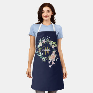 Tablier Monogramme Roses Florales Écriture Or Bleu Marine