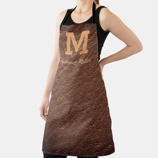 Tablier Monogramme Russe Cuir Brown Nom Script Moderne (Insitu)
