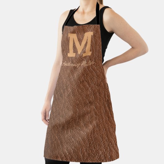 Tablier Monogramme Russe Cuir Brown Nom Script Moderne (Insitu)