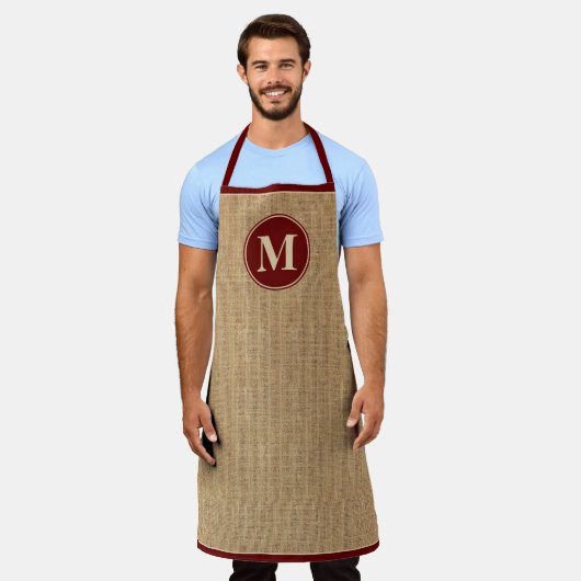 Tablier Monogramme rustique Bourgogne Faux Burlap (Porté)