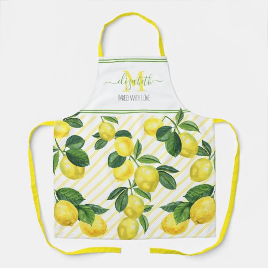 Tablier Monogramme rustique citrons d'aquarelle rayures (Recto)