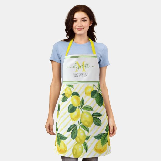 Tablier Monogramme rustique citrons d'aquarelle rayures (Porté)