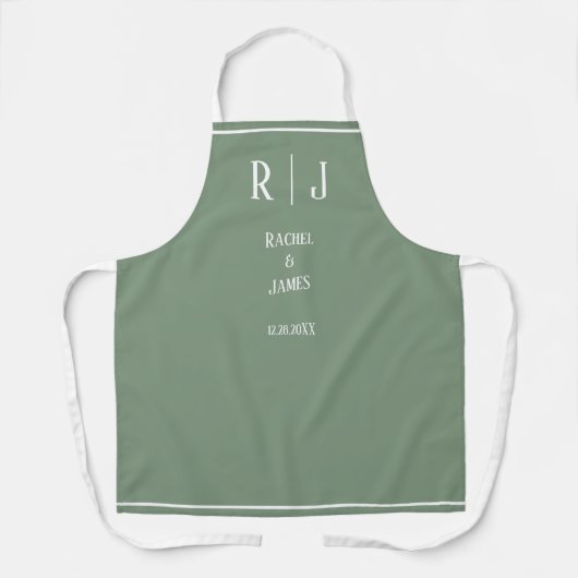 Tablier Monogrammes Vert Sauge Mariage Simple Élégant Tend (Recto)
