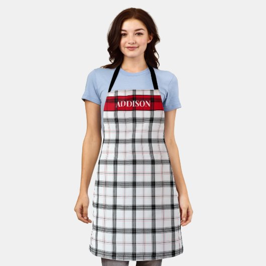 Tablier Monographie de Noël rouge blanc plaid Personnalisé (Porté)