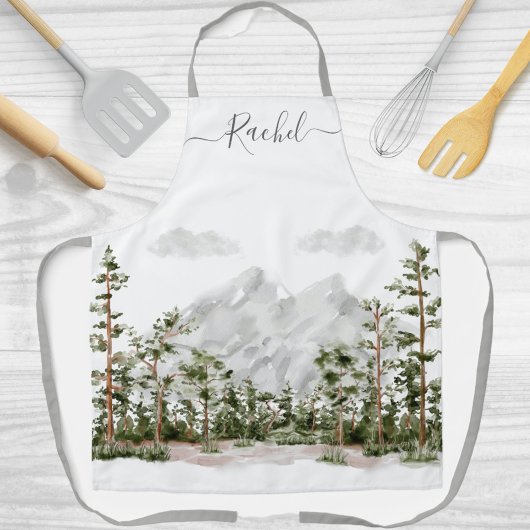 Tablier Montagne et forêt aquarelle monogrammée