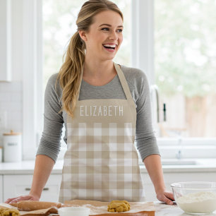 Tablier Motif à carreaux gingham beige personnalisé