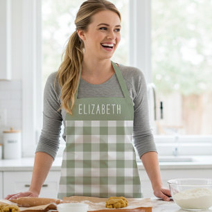 Tablier Motif à carreaux gingham vert sauge personnalisé