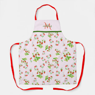 Tablier Motif aquarelle fraise à monogramme sur fond rose