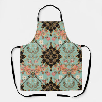 Tablier Motif art déco flore vert sauge et rose