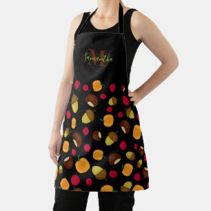 Tablier Motif Automne Citrouille Baies Monogramme Nom Noir