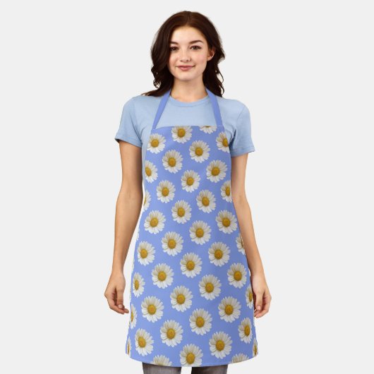Tablier Motif blanc marguerite sur bleu clair (Porté)