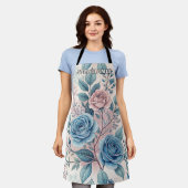 Tablier Motif bleu et rose sur blanc doux (Porté)