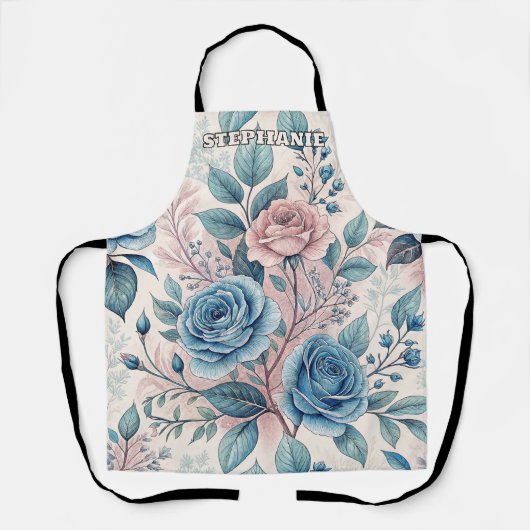 Tablier Motif bleu et rose sur blanc doux (Recto)