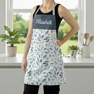 Tablier Motif botanique à l'aquarelle bleue avec nom perso
