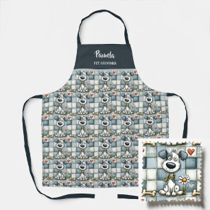 Tablier Motif chien patchwork bleu et gris Toiletteur pour