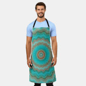 Tablier Motif circulaire turquoise, beige. Mandala. (Porté)
