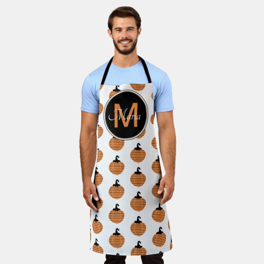 Tablier Motif Citrouille rayé noir orange monogramme (Porté)