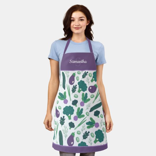 Tablier Motif d'aubergine et de brocoli avec nom pourpre a (Porté)