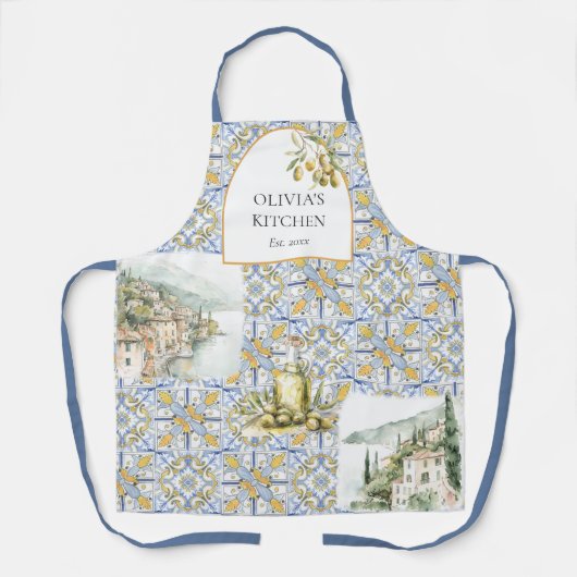 Tablier Motif de carreaux bleu jaune Olive Méditerranée (Recto)