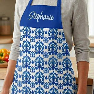 Tablier Motif de carreaux français bleu Nom personnalisé