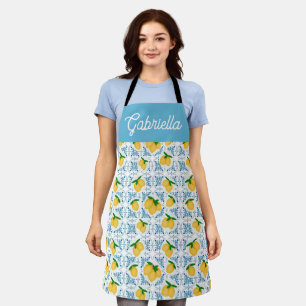 Tablier Motif de carrelage bleu citron de campagne françai