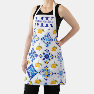Tablier Motif de citron de pays français bleu monogramme n