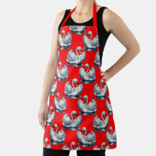 Tablier Motif de cygnes sur fond rouge