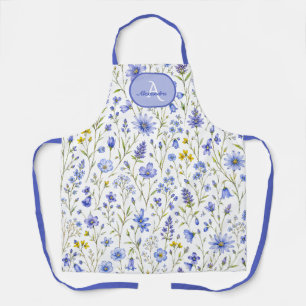 Tablier Motif de fleur sauvage à l'aquarelle bleue avec no