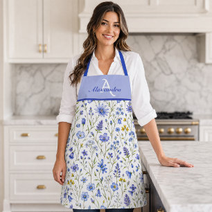 Tablier Motif de fleur sauvage à l'aquarelle bleue Nom per
