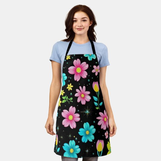 Tablier Motif de fleurs colorées noires rétro pour fête d' (Porté)