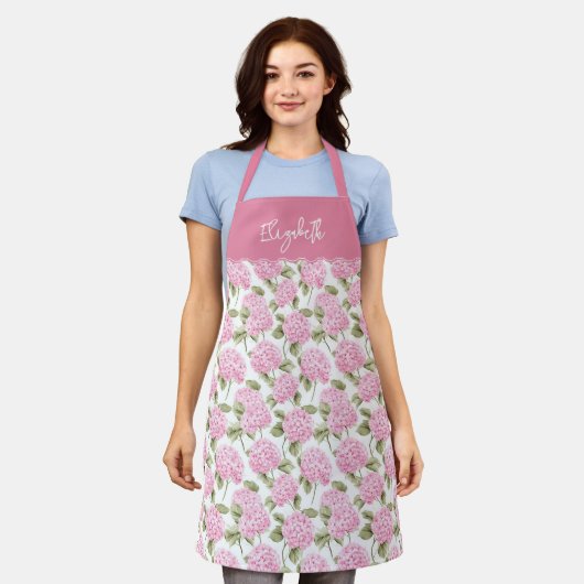 Tablier Motif de fleurs d'hydrangea rose élégant Nom (Porté)
