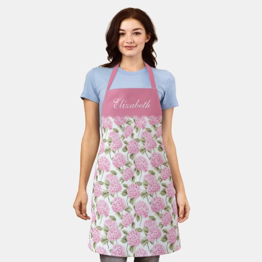 Tablier Motif de fleurs d'hydrangea rose élégant Nom (Porté)