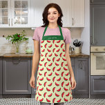 Tablier Motif de Fruity Summer Red Watermelon personnalisé<br><div class="desc">L'aire de jeu personnalisée est un motif fruité d'été de pastèques rouges partiellement mangées contre un arrière - plan jaune clair. Personnalisez-le en remplaçant le texte de l'espace réservé. Pour plus d'options comme changer la police et sa taille/couleur ou l'espacement entre les lettres, cliquez sur le bouton "Customiser". *Veuillez noter...</div>