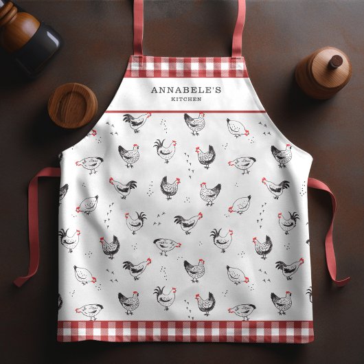 Tablier Motif de poulet agricole Monogramme de chèque roug