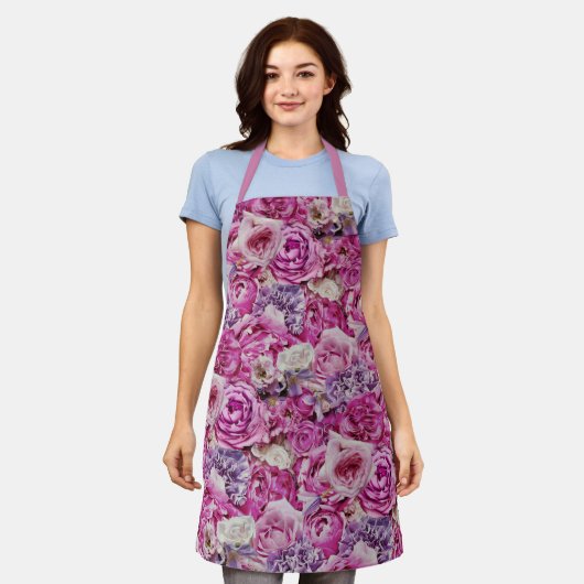 Tablier Motif de Rose de Lavande rose blanc (Porté)