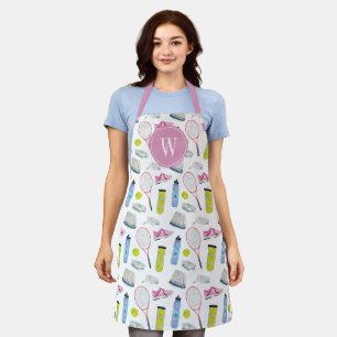 Tablier Motif de tennis rose aquarelle Monogramme