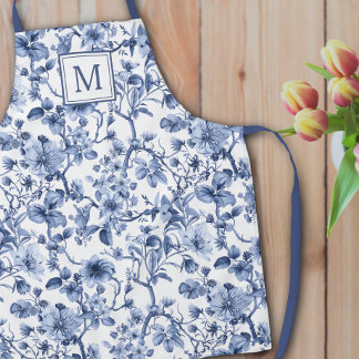 Tablier Motif de toile de chinoiserie bleue monogramme