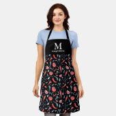 Tablier Motif de tomates Monogramme noir Nom végétable (Porté)