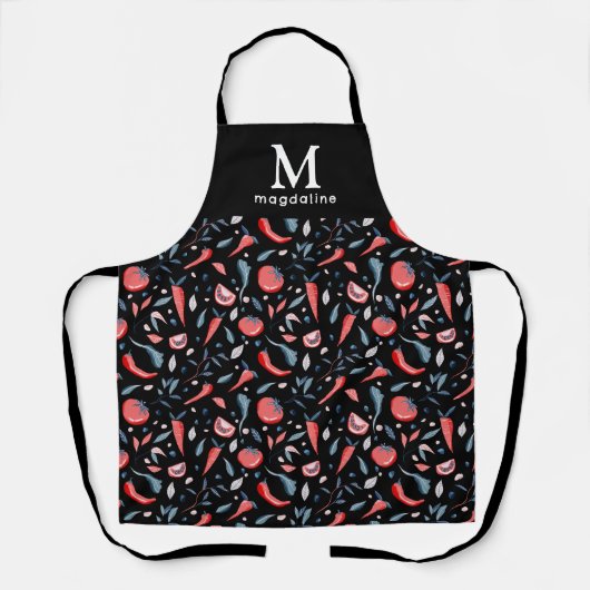 Tablier Motif de tomates Monogramme noir Nom végétable (Recto)