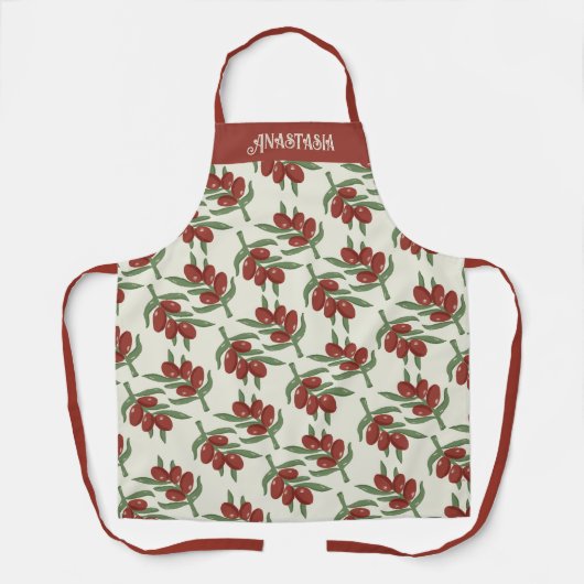 Tablier Motif d'olives rouges avec nom (Recto)