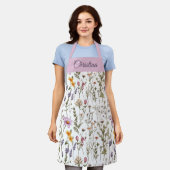 Tablier Motif Élégant de Fleur Sauvage Rose Violet Nom Per (Porté)