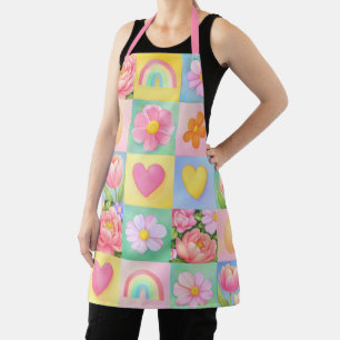 Tablier Motif élégant de fleurs abstraites à carreaux