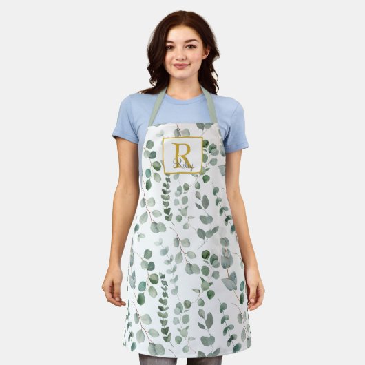 Tablier Motif Eucalyptus Vert Monogramme (Porté)