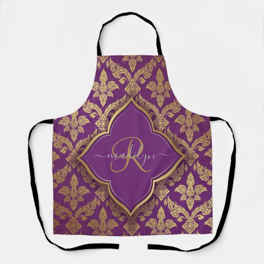 Tablier Motif fleur monogramme or et pourpre royal (Recto)